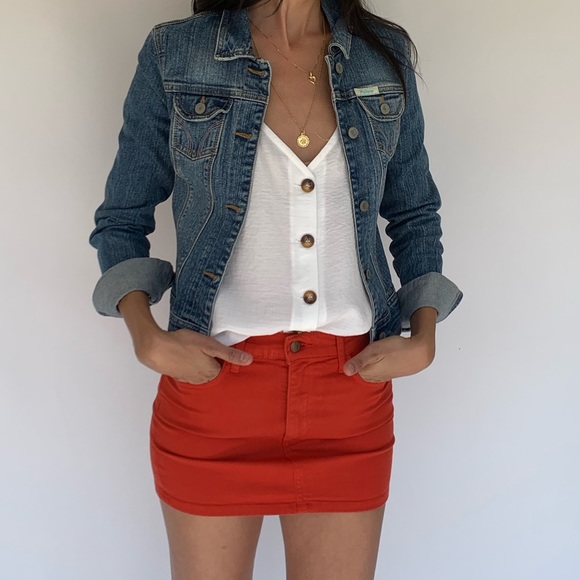 red denim mini skirt